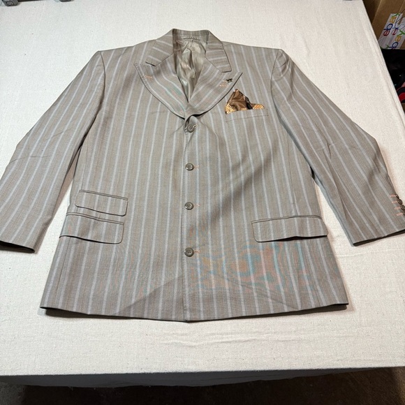 Vintage EJ Samuel 2 Piece Suit + Handkerchief Brown Striped Blazer 46R Pant 40R - Picture 2 of 15